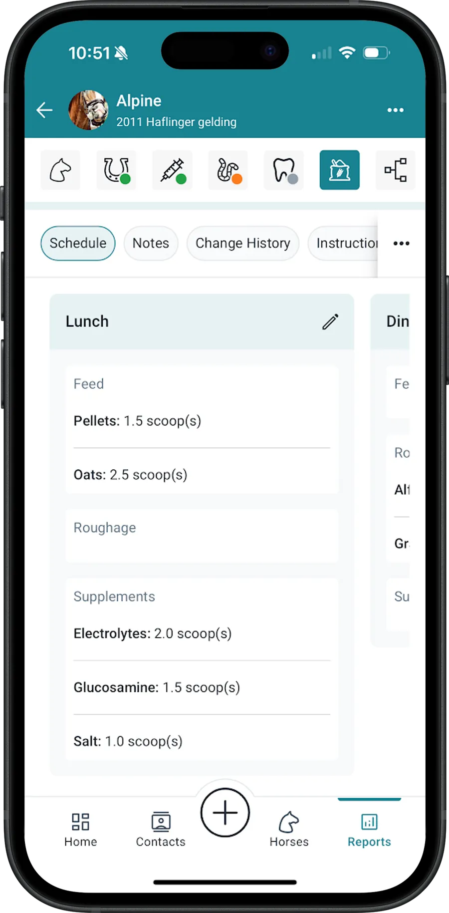 BarnDoor mobile app showing the feeding schedule of a horse